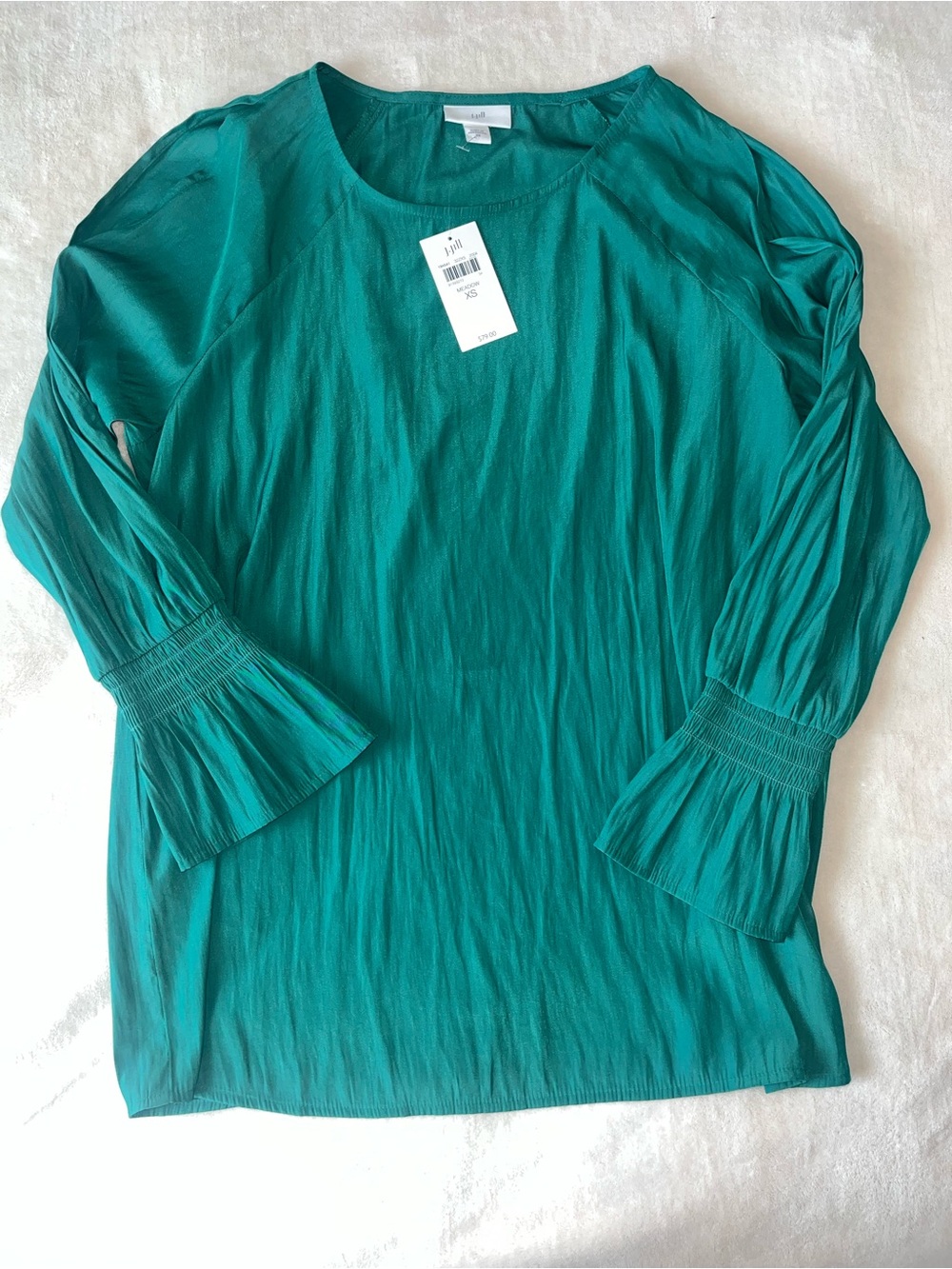 J. Jill Teal Long-Sleeve Ruffle Cuff Blouse with Open Shoulder Scoop Neck XS NWT